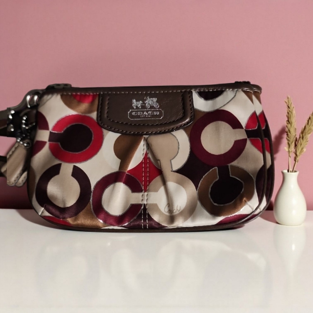Coach Brown and Red OP Art Signature Satin And Leather Wristlet Vintage Y2K